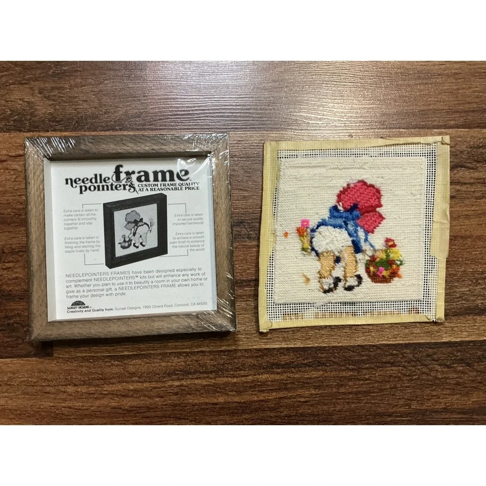 1970s Completed Embroidered FANCY PANTS Needlepoint & NIP Jiffy Frame 5x5 Frame